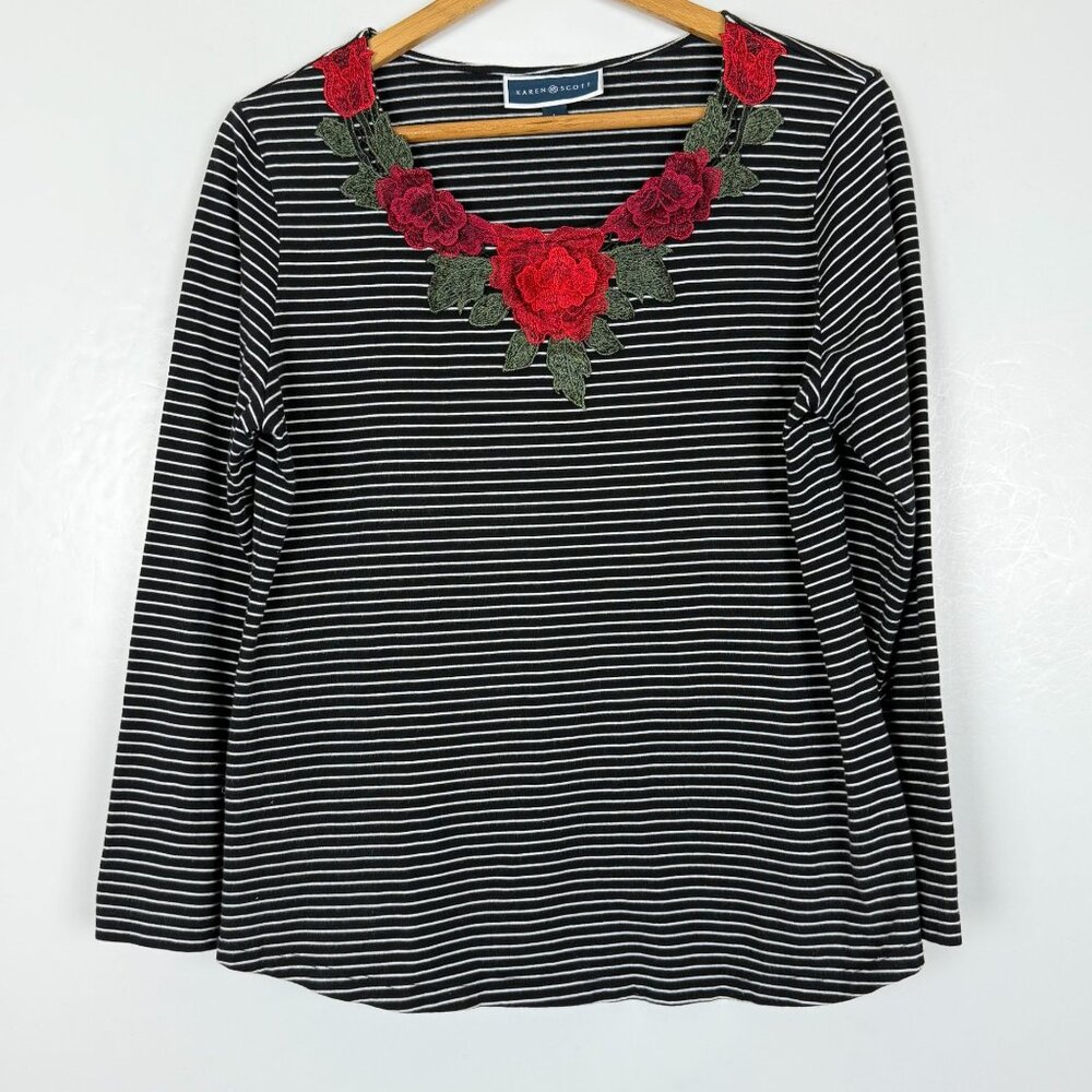 Karen Scott Womens Black White Striped Top Sz Large 3D Red Rose Applique Detail